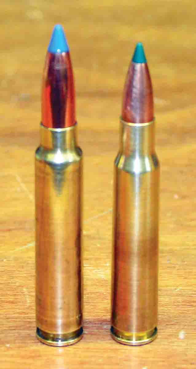 When the Kimber Model 84 was chambered for the 6x45mm, its action remained the same as when it was chambered for the 223 Remington. The longer 257 Kimber required lengtheningthe ejection port, magazine box, follower and bolt throw and that is why not many Model 84 rifles chambered for it were built. Cartridges are the 257 Kimber (left) and the 6x45mm (right).